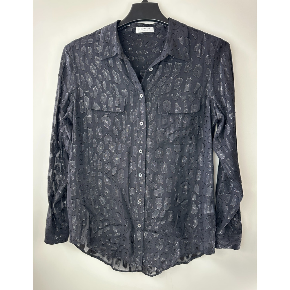 Equipment Femme Daddy Metallic Leopard Print Silk Blend Blouse Black Top Large - Picture 13 of 13